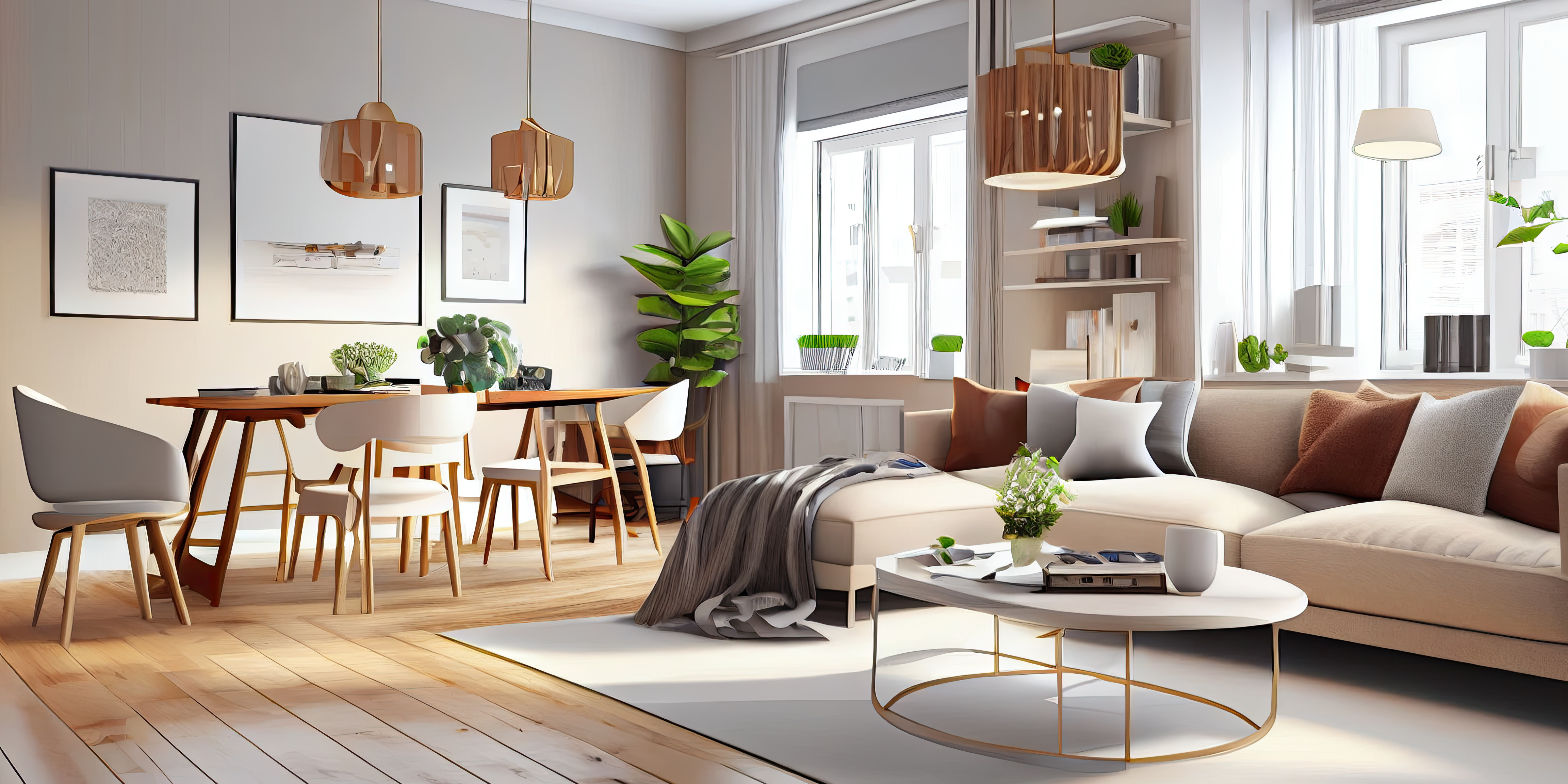 Modern open-plan kitchen, dining and living room interior