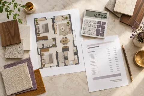 Interior design cost estimate with material samples and a floor plan